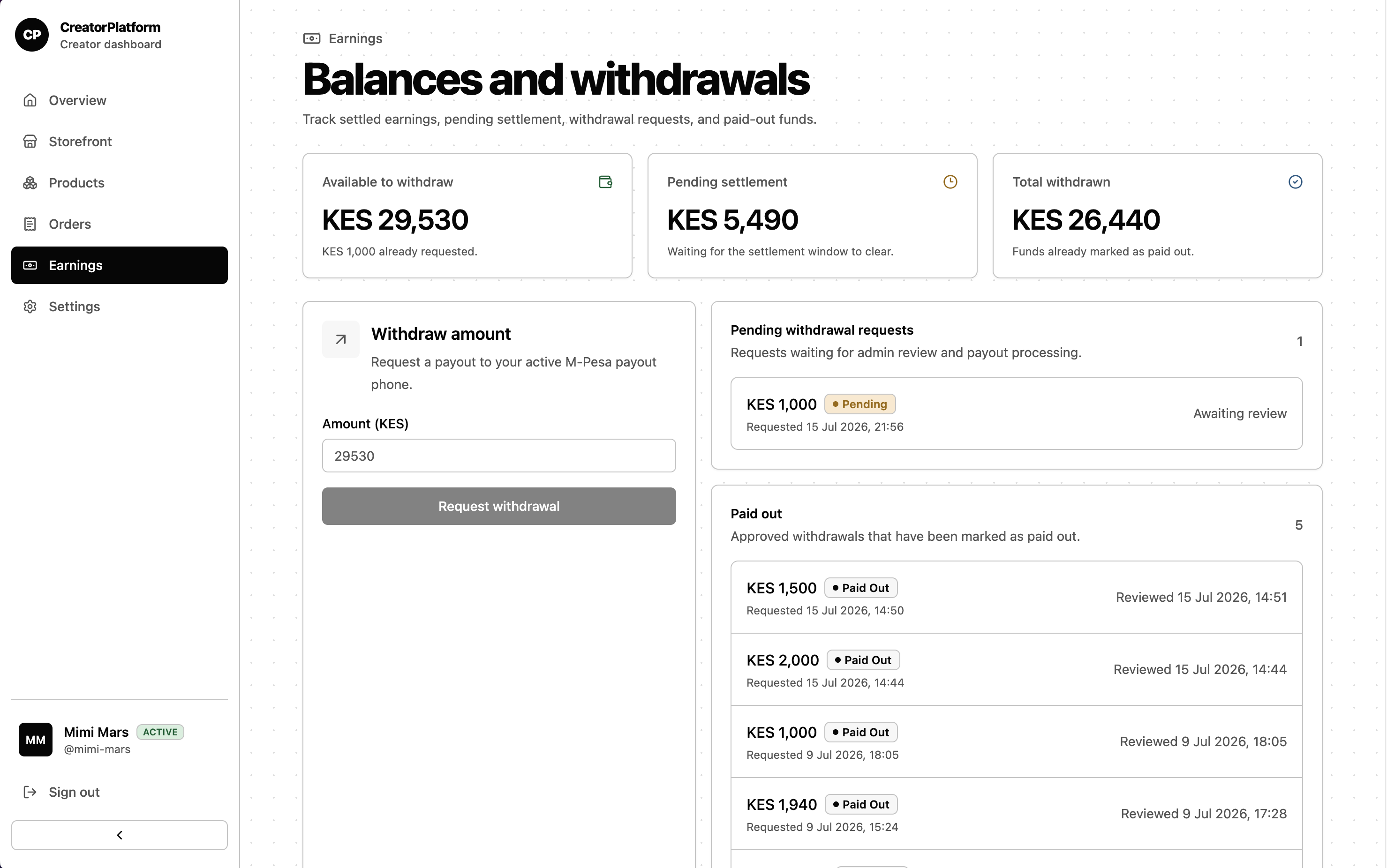 Tihada earnings page showing balances, withdrawal controls, and payout history