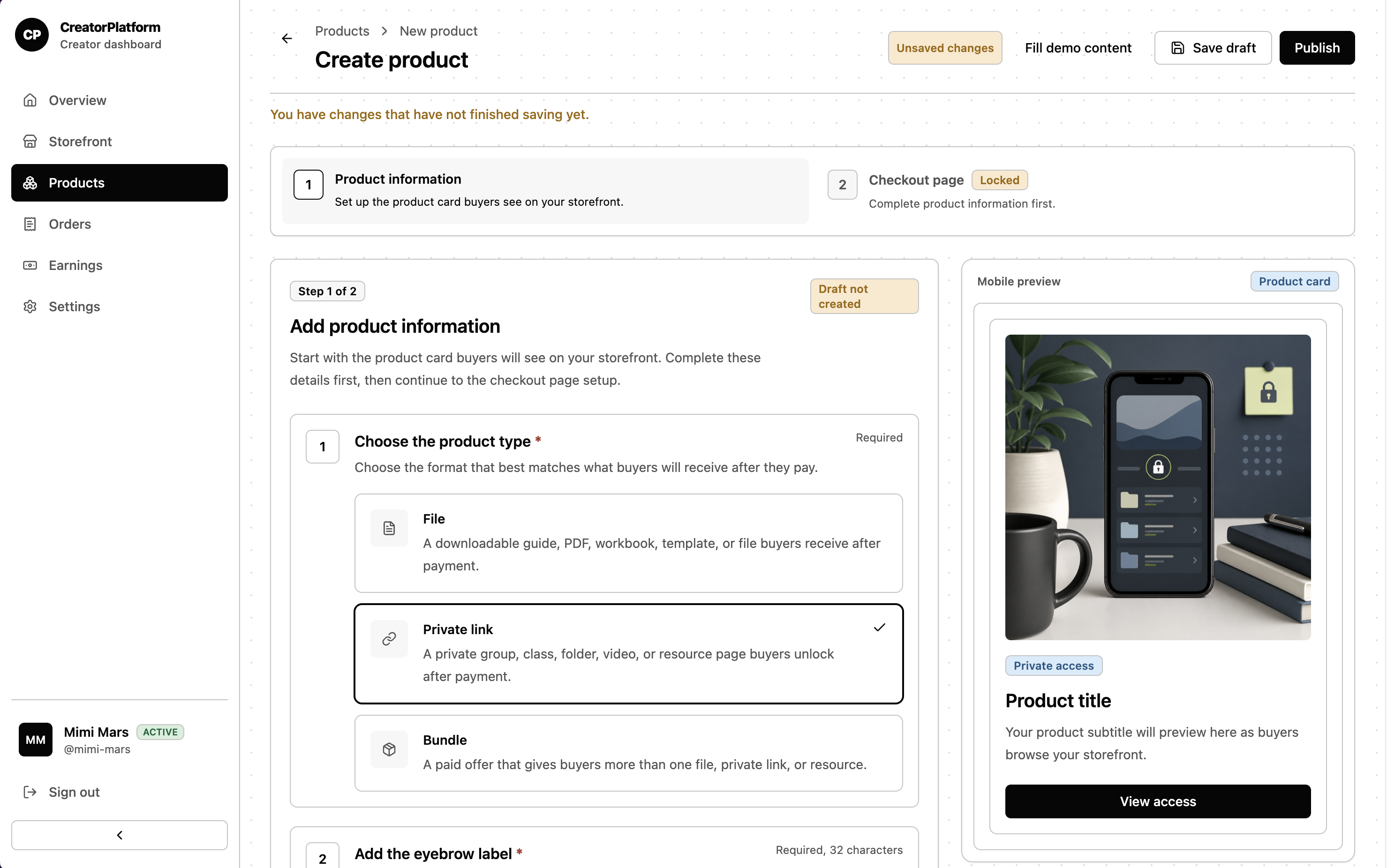 Tihada product builder showing product setup controls and a mobile product-card preview