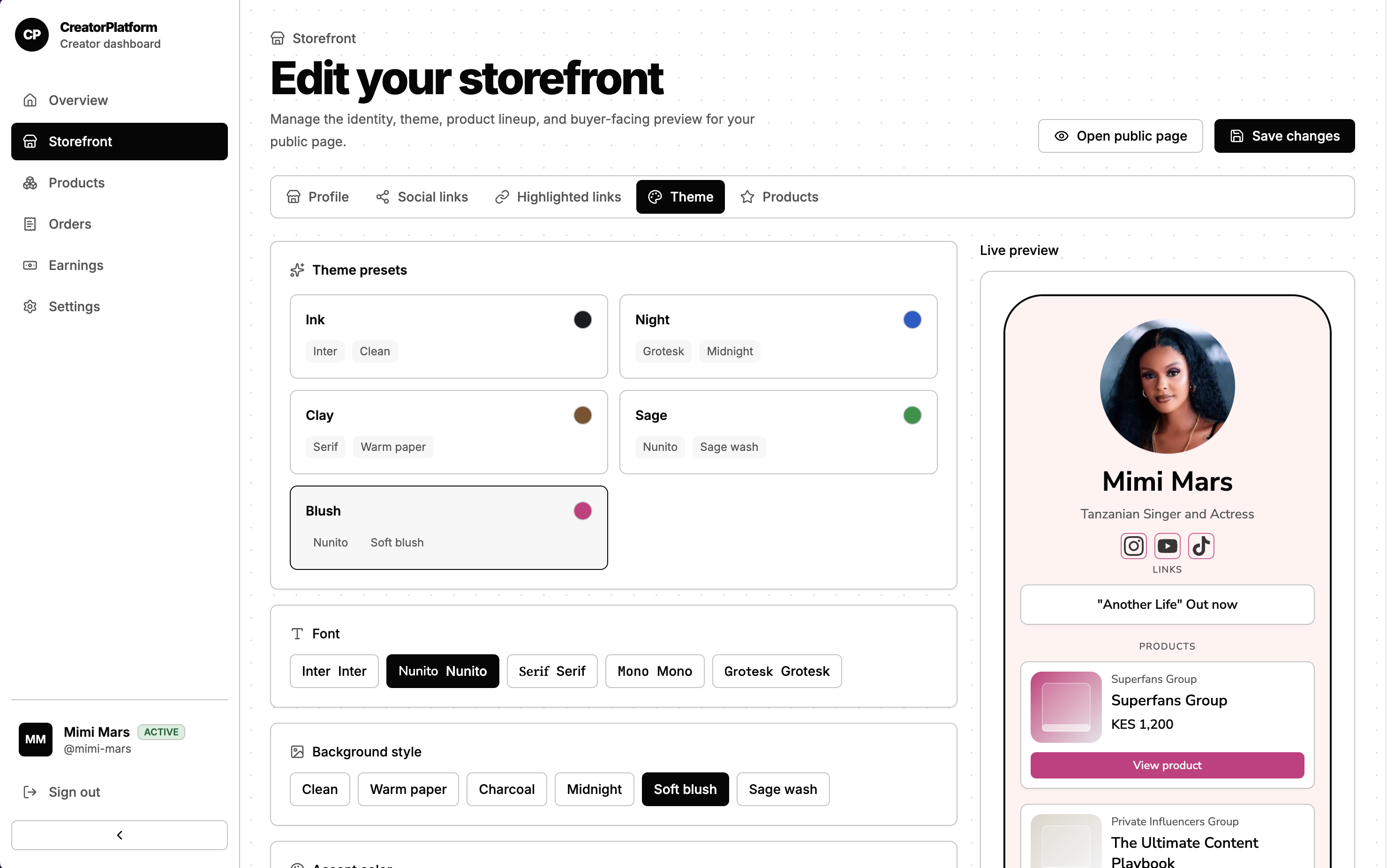 Tihada storefront builder showing theme presets, accent colors, and a live mobile preview