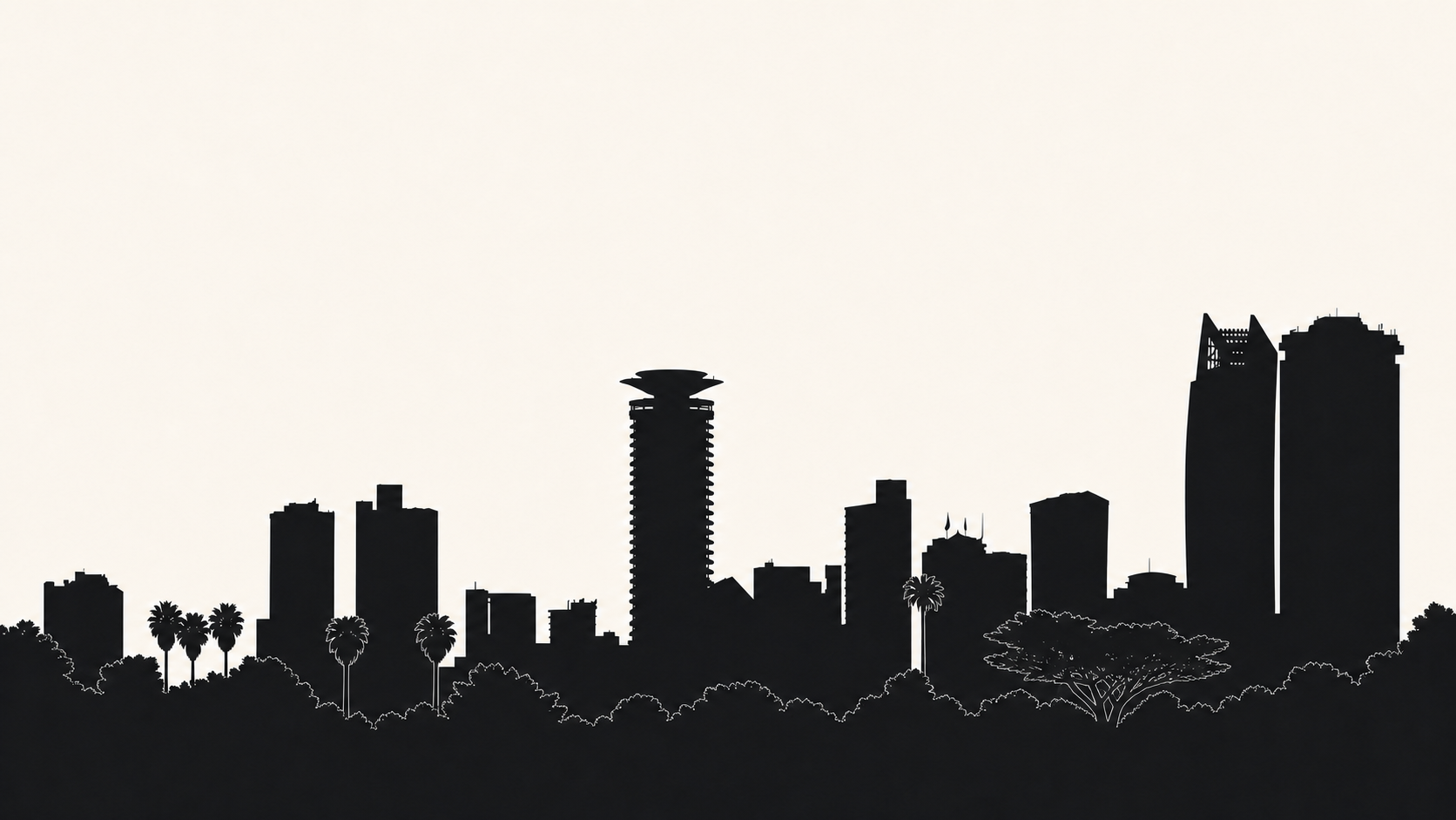 Black silhouette of the Nairobi skyline with KICC at the center
