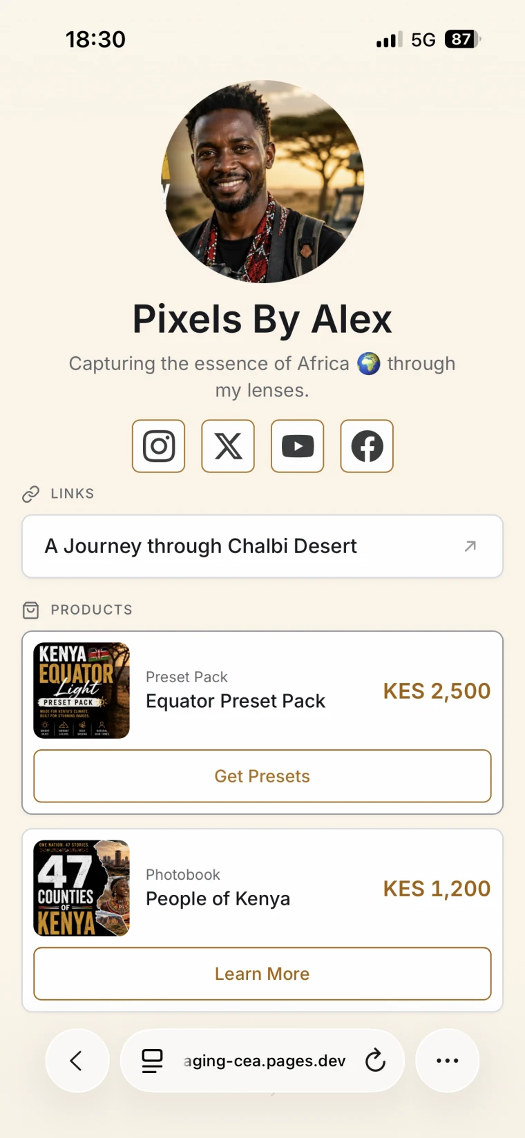 Pixels By Alex storefront showing a photography preset pack and digital photobook