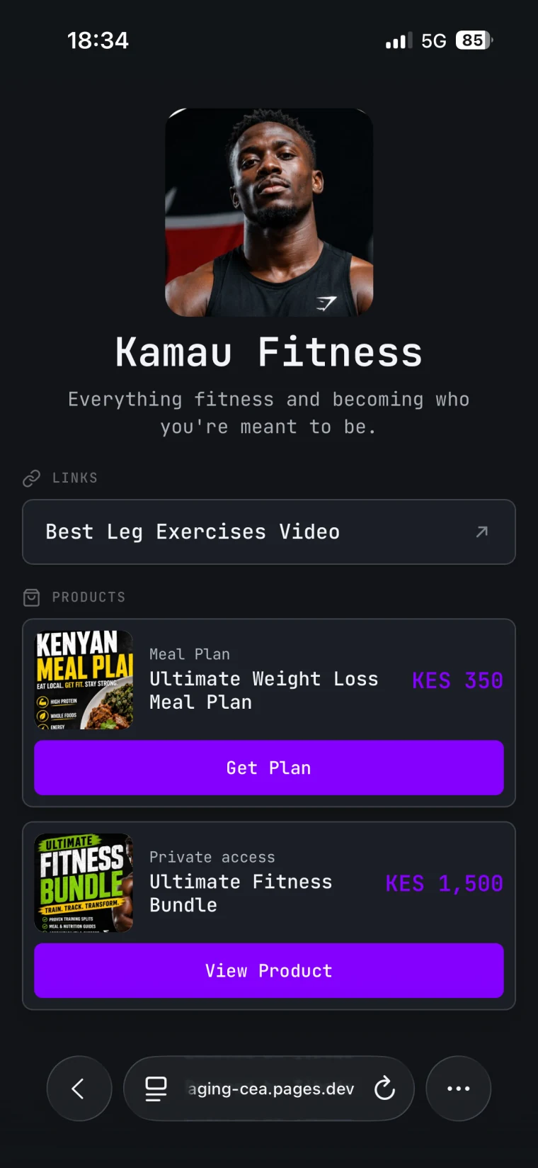 Kamau Fitness storefront showing a meal plan, fitness bundle, and training link