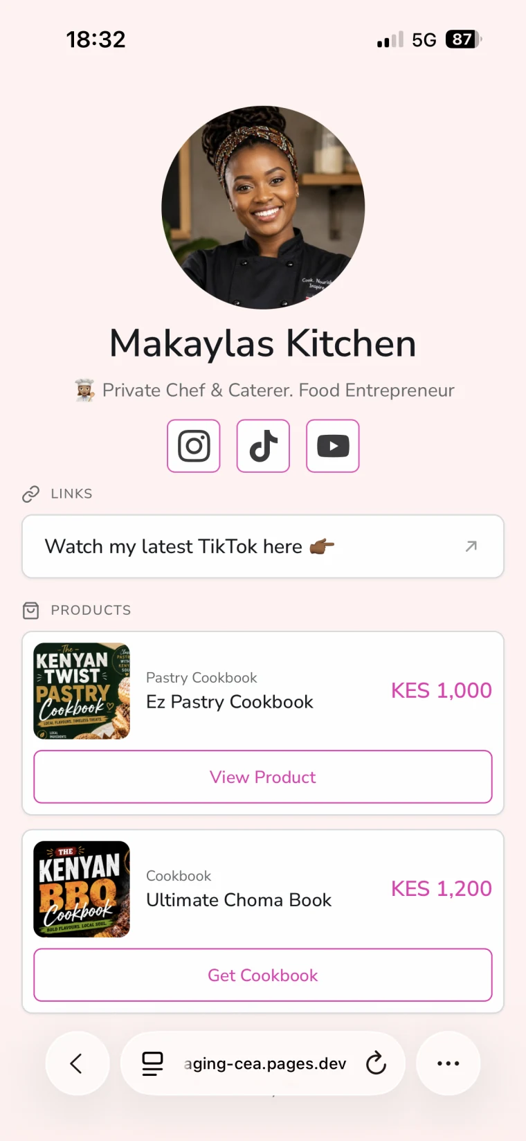 Makayla’s Kitchen storefront showing pastry and Kenyan barbecue cookbooks